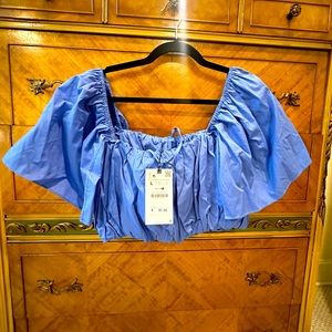 NEW Blue Zara Poplin Crop Top Sz L